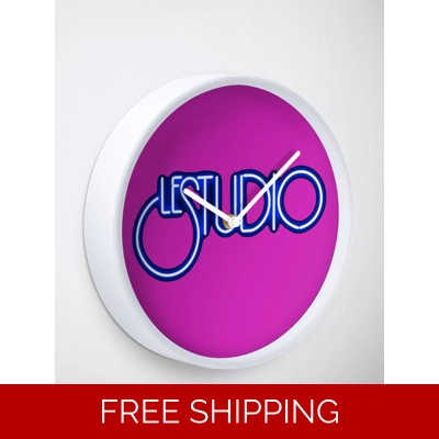 Clock Hot Pink natural Bamboo Wood White & Blue Logo